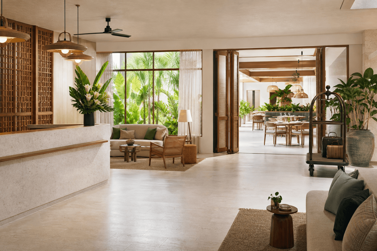 A bright hotel lobby prepared for guest arrival