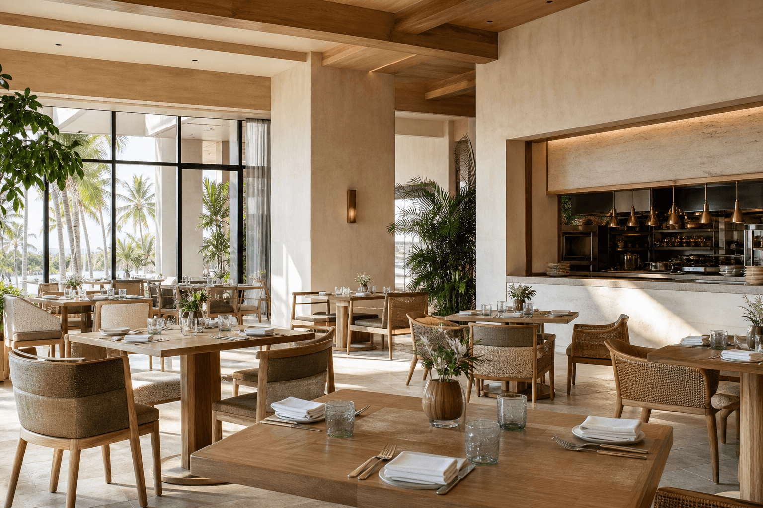 A bright resort restaurant prepared for daytime service